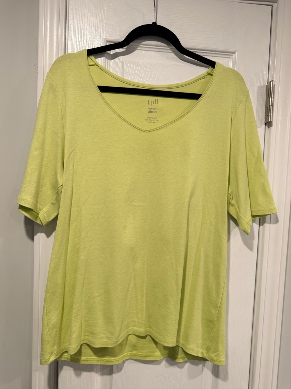 J.Jill Size L Perfect Pima Elbow Sleeve Tee Lime Green V-Neck Cotton Top